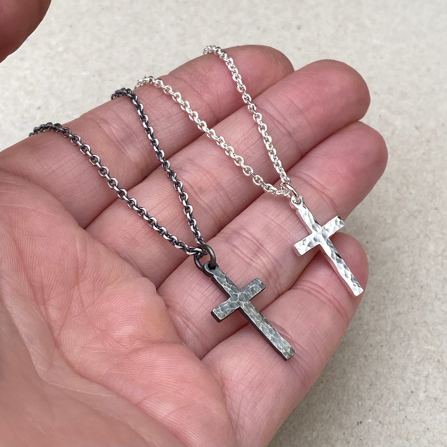 Solid silver small size hammered cross pendant on a tight filed trace chain - Oxidised or polished