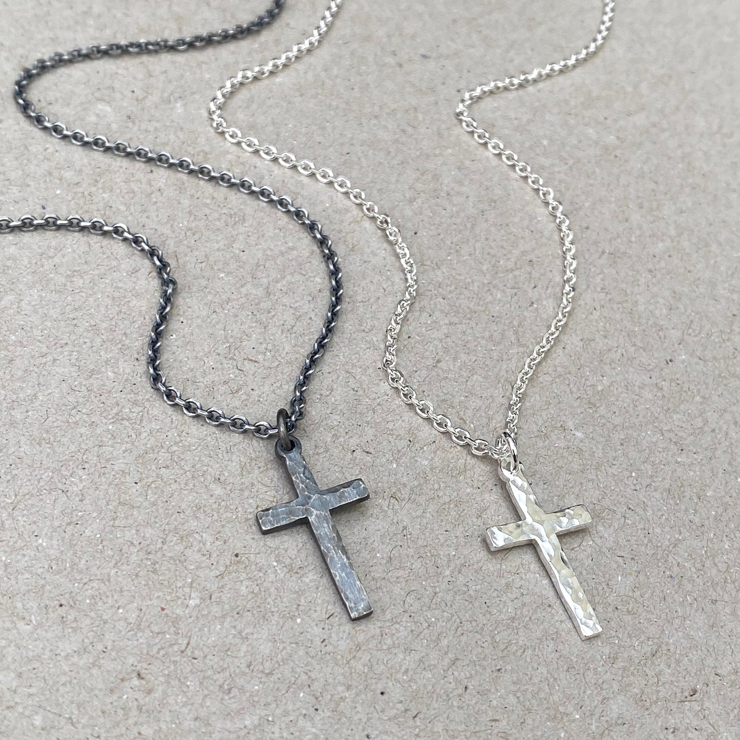 Solid silver small size hammered cross pendant on a tight filed trace chain - Oxidised or polished