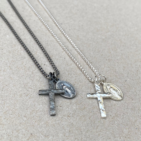 Solid silver small size hammered cross pendant and petite Miraculous Medal on a 20 inch round box chain - Oxidised or polished
