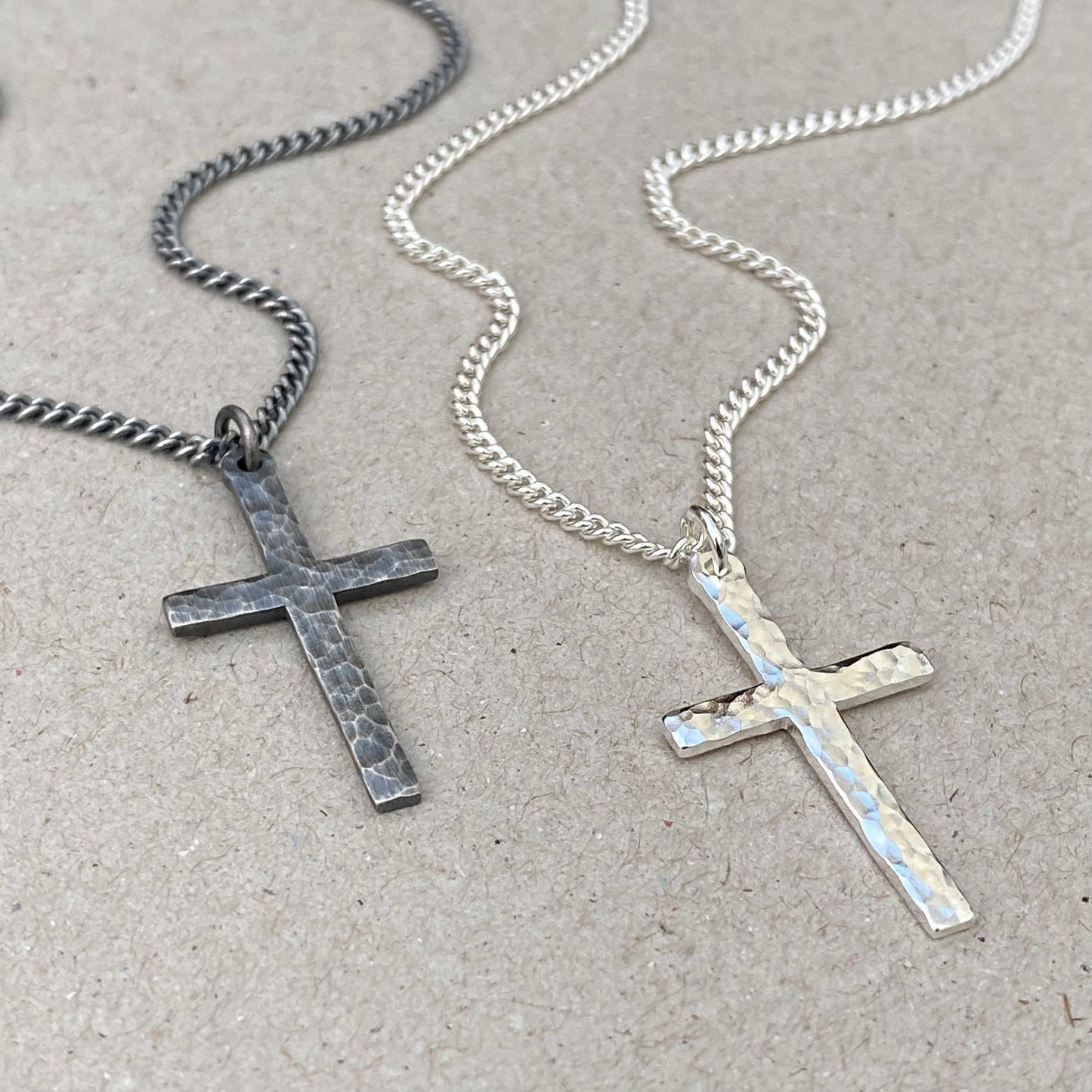 Solid silver standard size hammered cross pendant and on a 2.1mm wide tight curb chain -Oxidised or polished