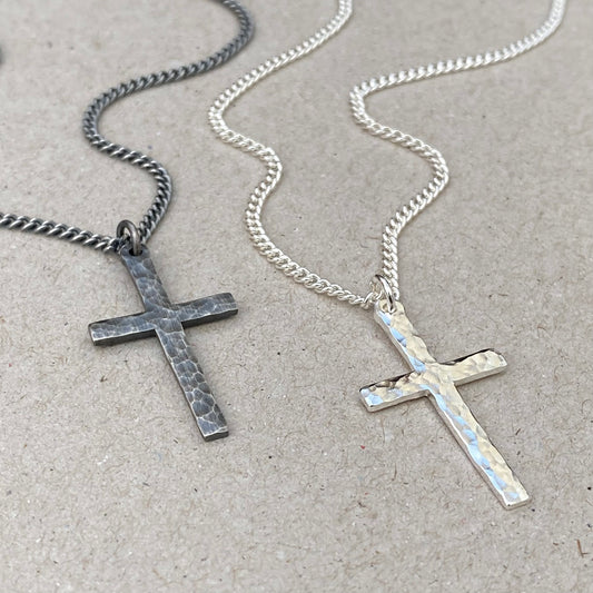 Solid silver standard size hammered cross pendant and on a 2.1mm wide tight curb chain -Oxidised or polished