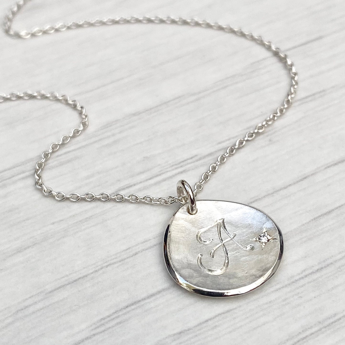 Handmade solid silver 16mm diamond petal charm pendant on a trace chain - Personalised with any letter