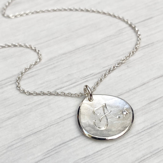 Handmade solid silver 16mm diamond petal charm pendant on a trace chain - Personalised with any letter