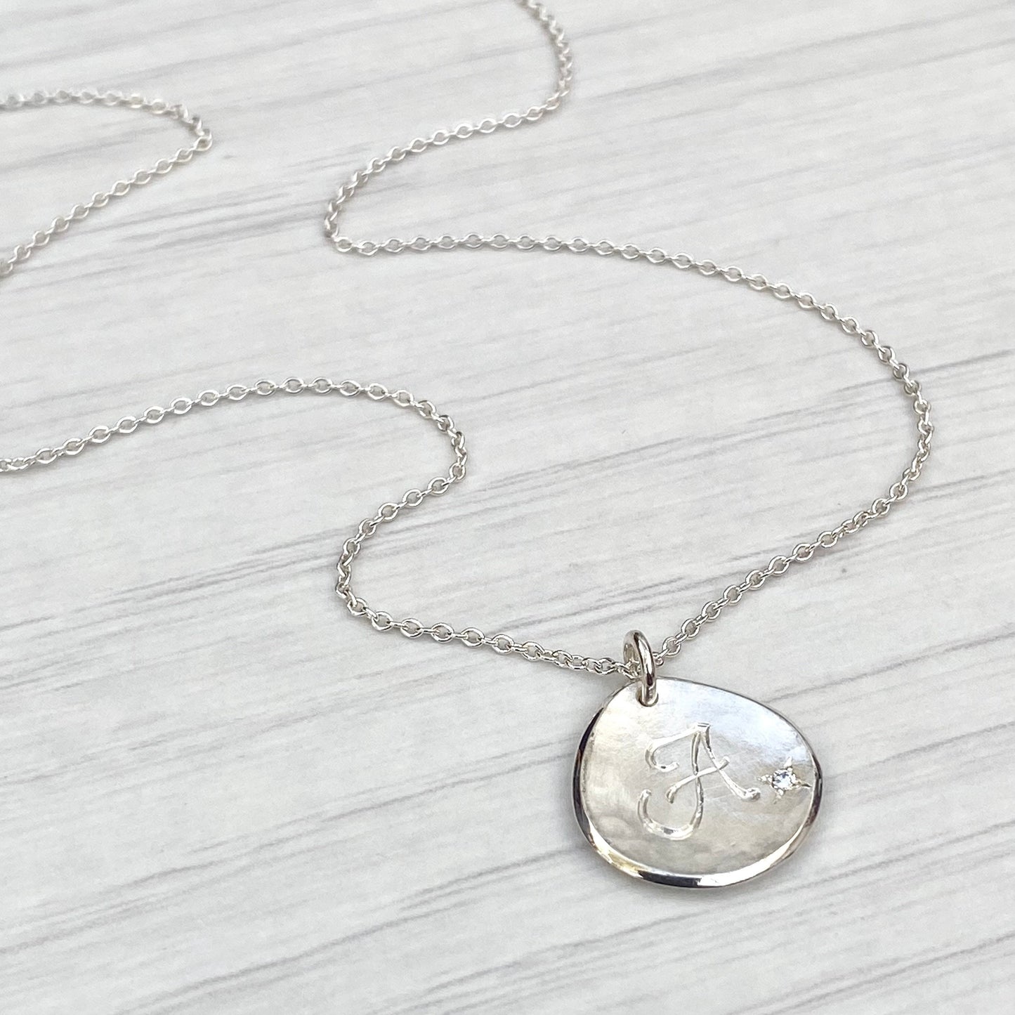 Handmade solid silver 16mm diamond petal charm pendant on a trace chain - Personalised with any letter