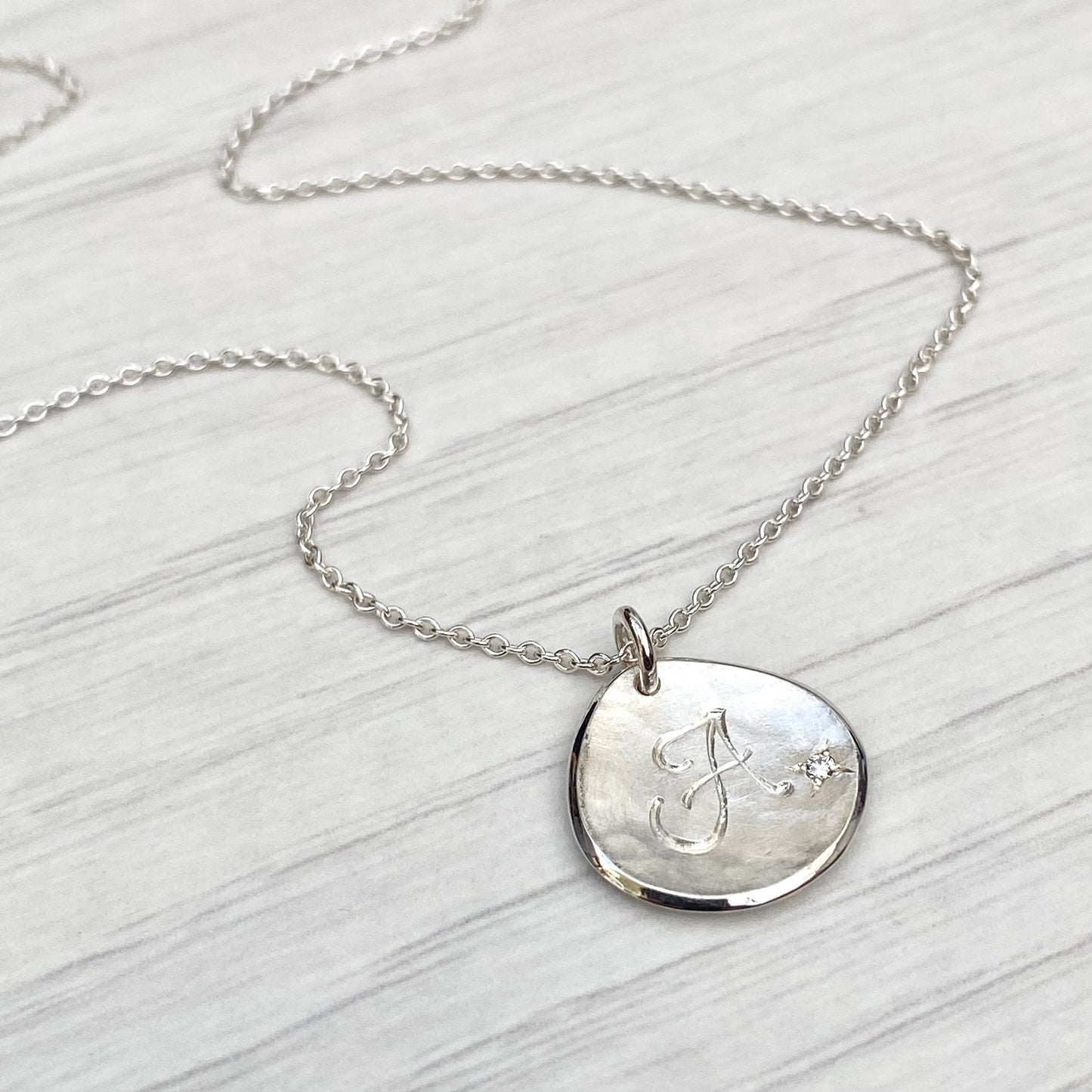 Handmade solid silver 16mm diamond petal charm pendant on a trace chain - Personalised with any letter
