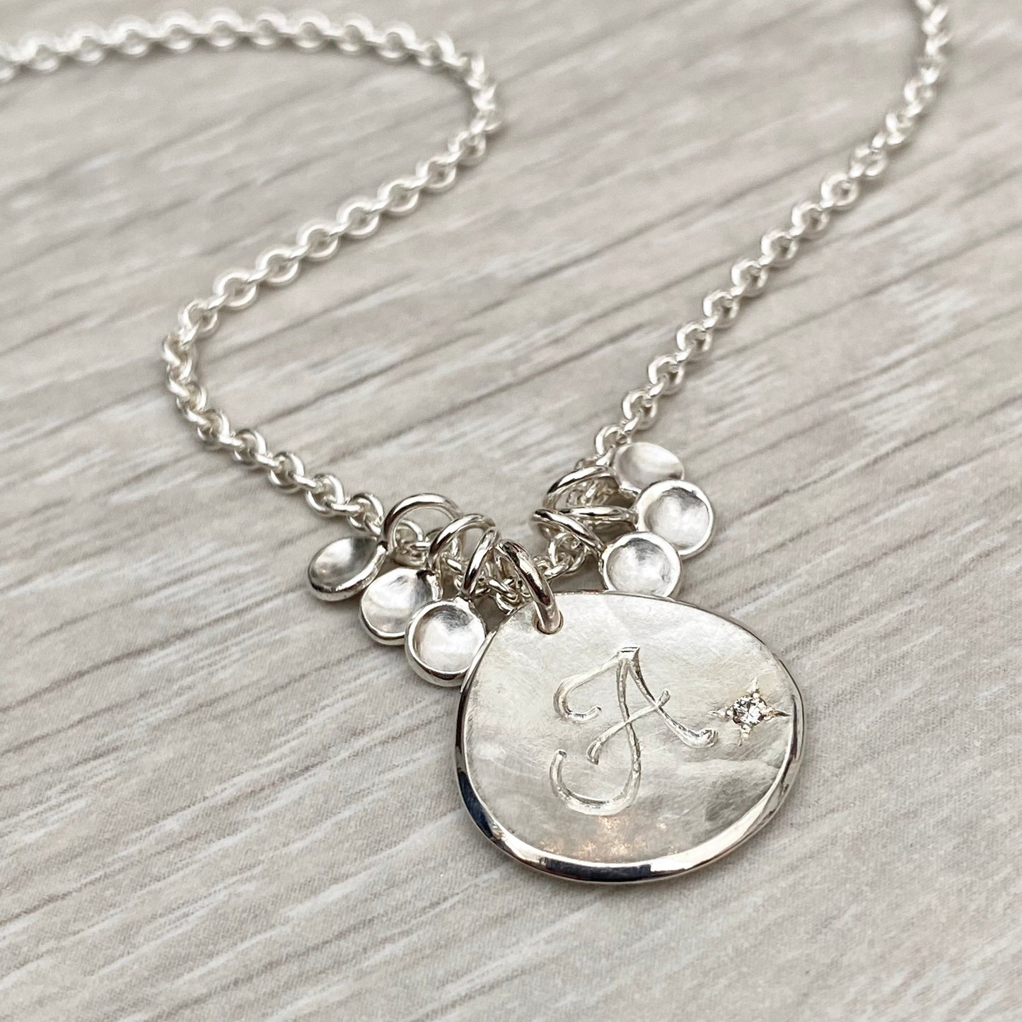 Handmade solid silver 16mm diamond petal charm pendants on a trace chain - Personalised with any letter