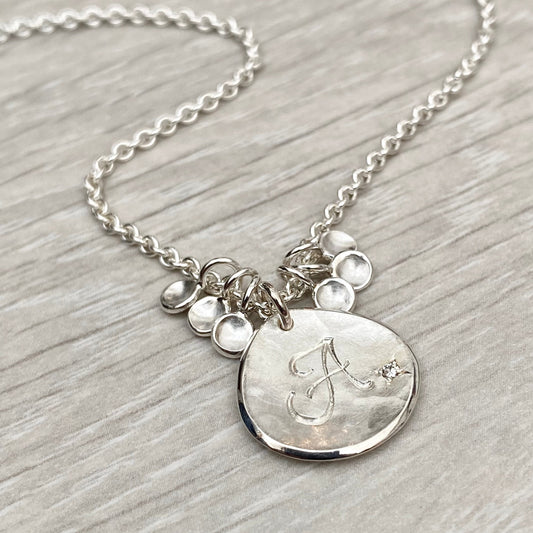 Handmade solid silver 16mm diamond petal charm pendants on a trace chain - Personalised with any letter