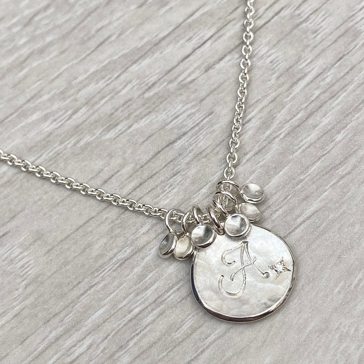 Handmade solid silver 16mm diamond petal charm pendants on a trace chain - Personalised with any letter