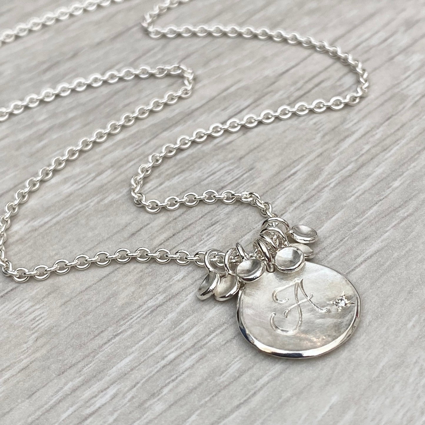 Handmade solid silver 16mm diamond petal charm pendants on a trace chain - Personalised with any letter