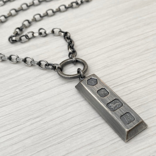 Men's oxidised heavy silver ingot pendant and chain - 59g - 22 inch chain - Re-newed british vintage jewellery