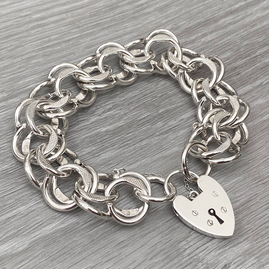 Vintage silver heart padlock fancy wide link bracelet - 1970s - 7.5 inches - Vintage british jewellery