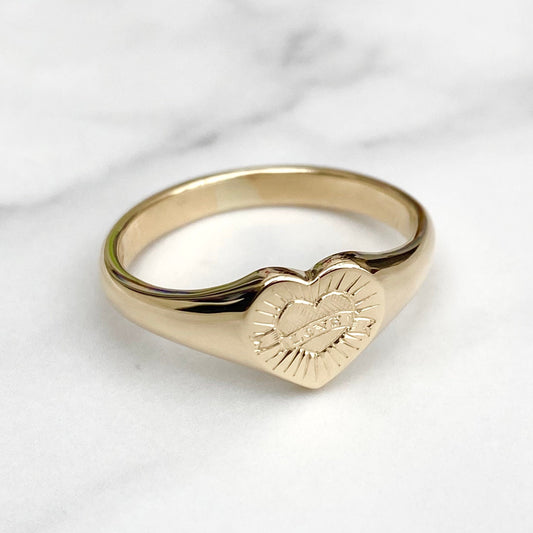 New - Hand engraved unique love design - Ladies 9ct yellow gold heart signet ring - Handmade to order