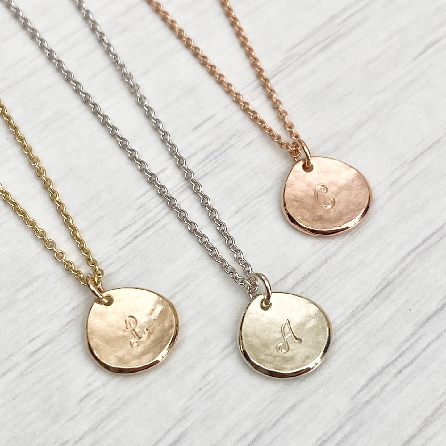 Handmade 9ct solid yellow, rose or white gold 10mm petal charm pendant and chain -Personalised with a script font initial