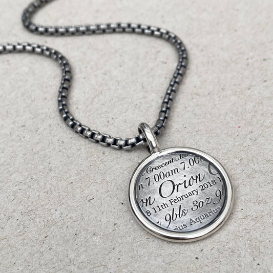 Handmade oxidised or polished solid sterling silver round framed birth story pendant on a box chain