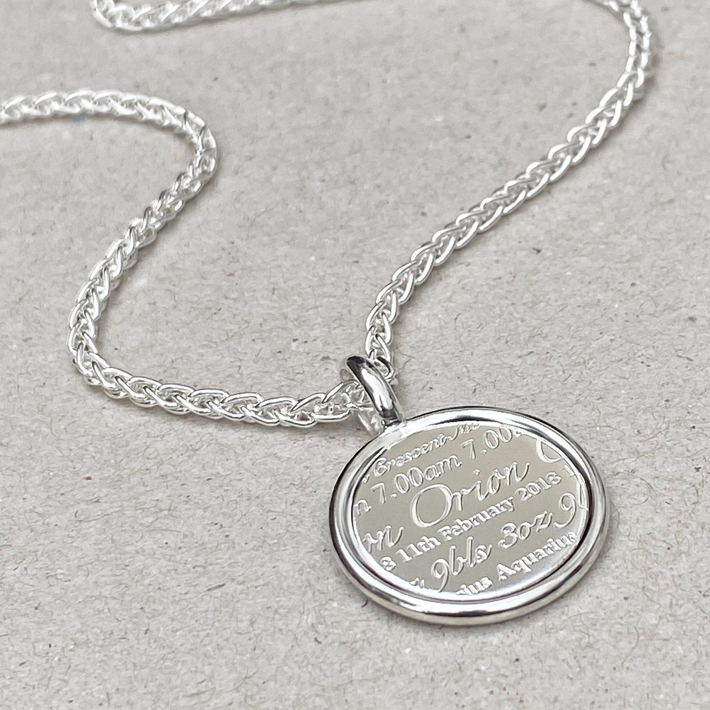 Handmade oxidised or polished solid silver round framed birth story pendant on a spiga chain - Mens jewellery