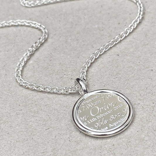 Handmade oxidised or polished solid silver round framed birth story pendant on a spiga chain - Mens jewellery