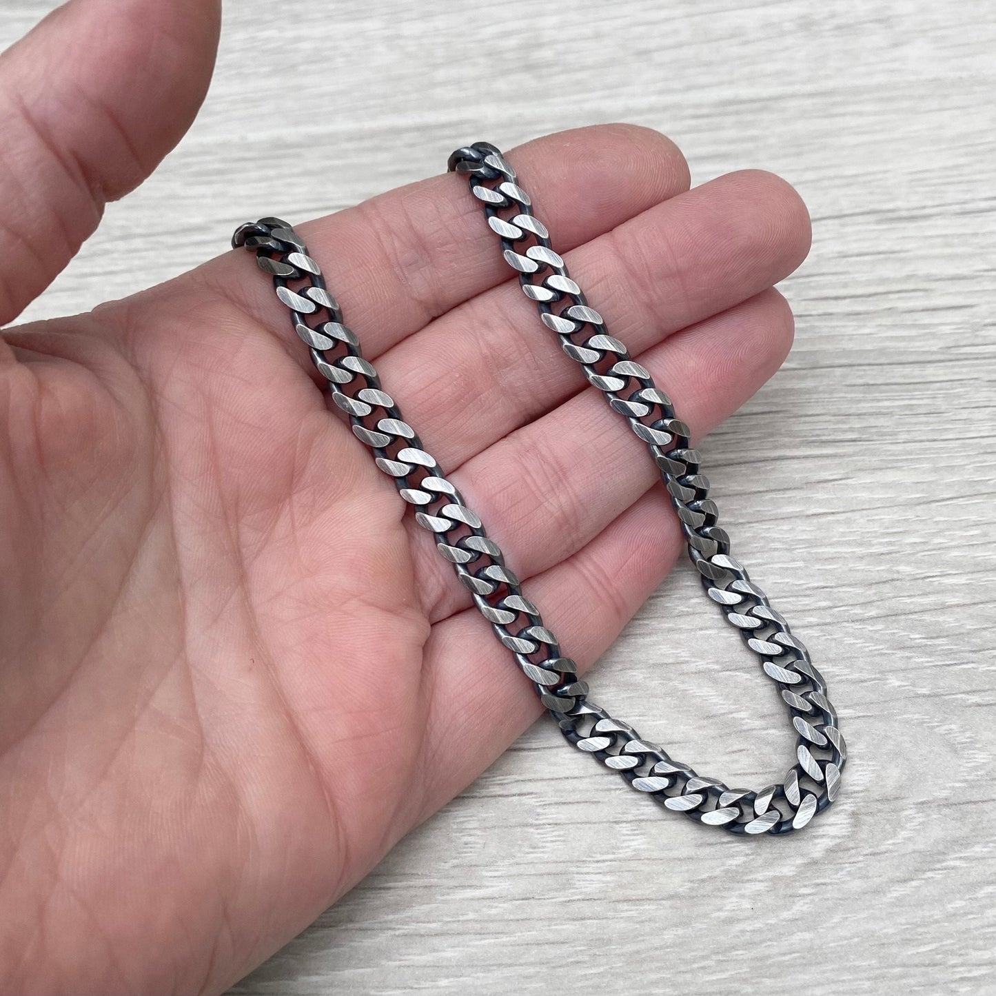 Oxidised or polished solid silver heavy 6.6mm wide curb chain