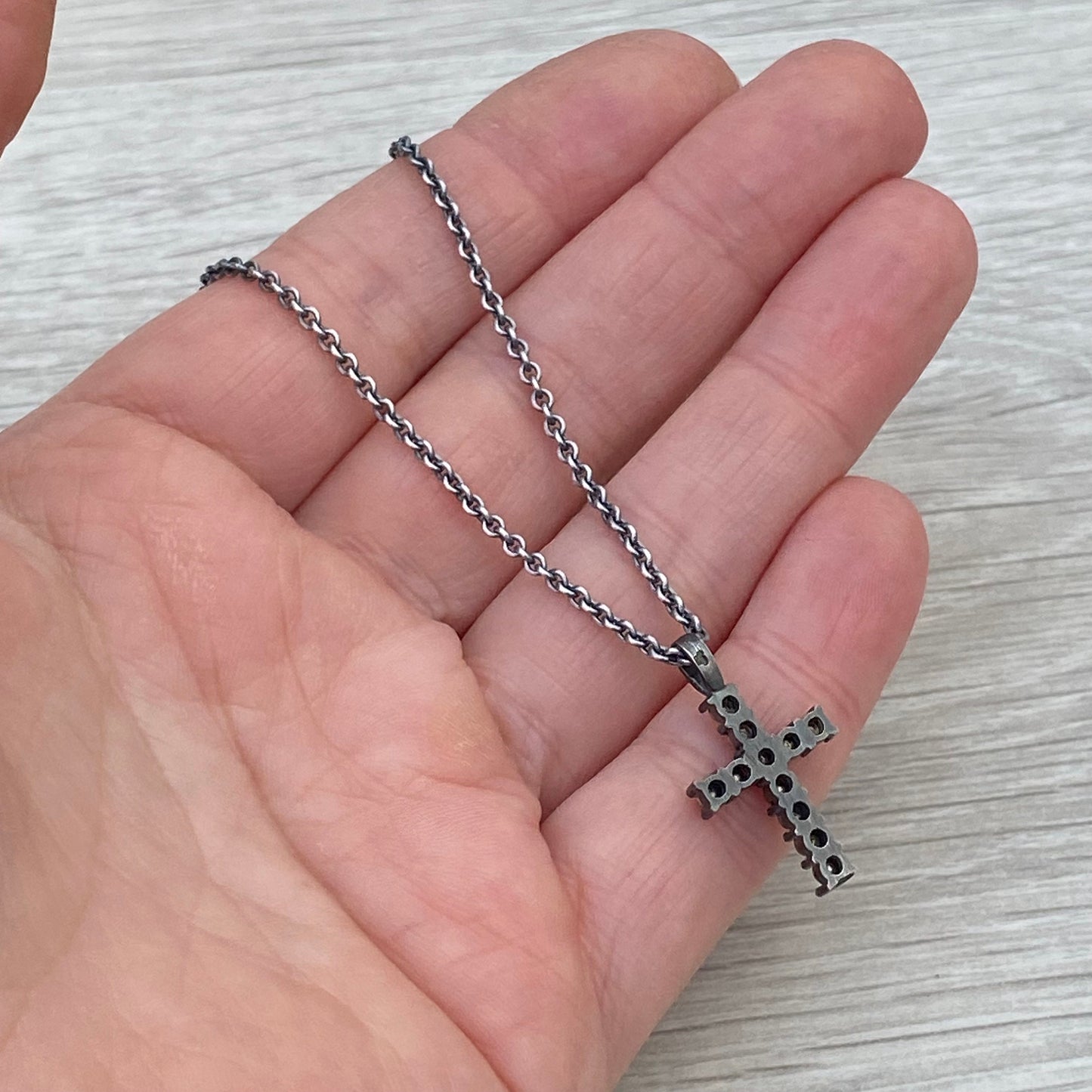 Oxidised sterling silver and 9ct yellow gold ball detail cross pendant on a 1.9mm close trace chain