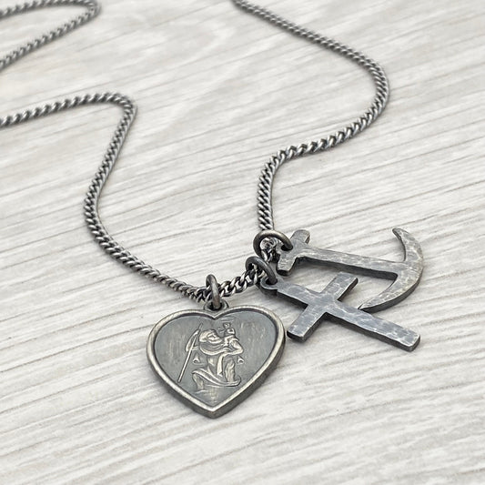 Oxidised or polished solid silver faith, love and hope charm pendants on a 2.1mm wide curb chain