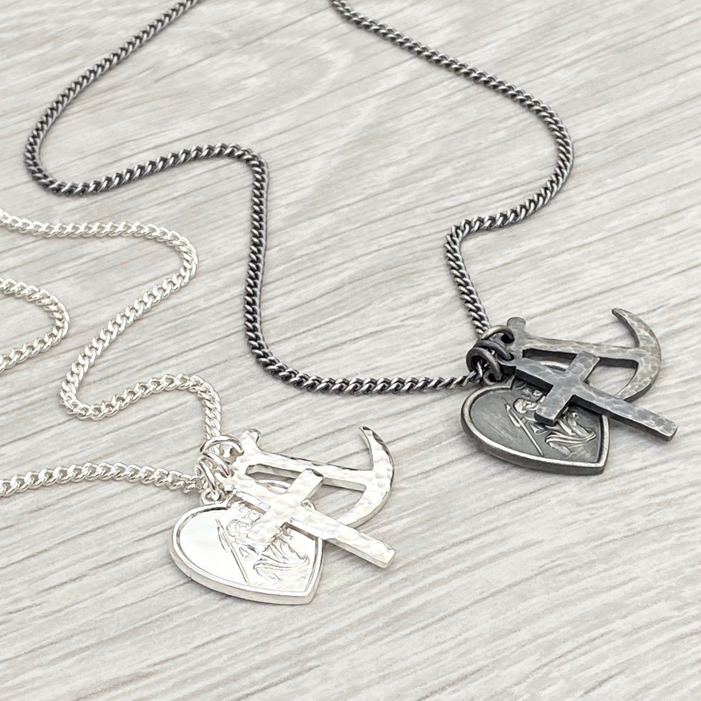Oxidised or polished solid silver faith, love and hope charm pendants on a 2.1mm wide curb chain