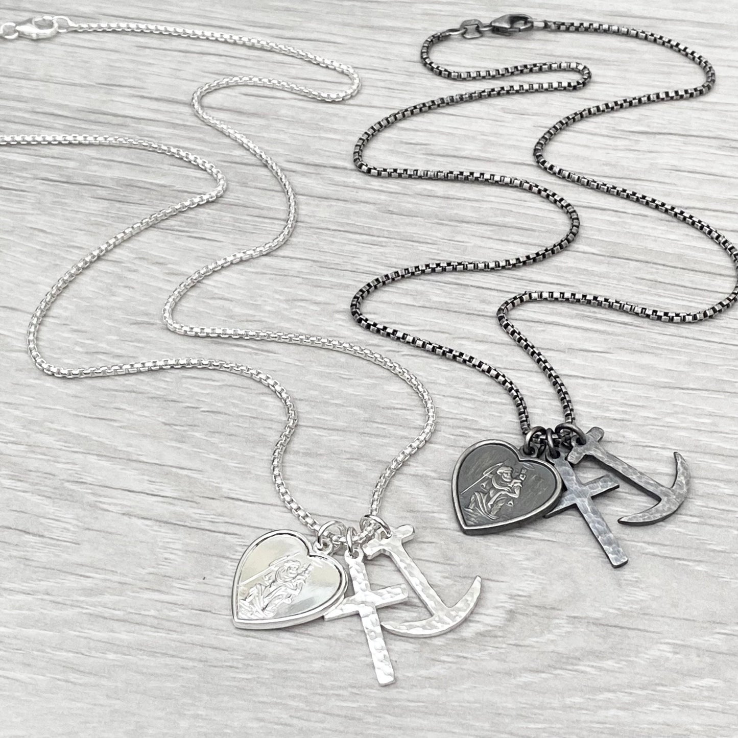 Oxidised or polished solid sterling silver faith, love and hope charm pendants on a 1.6mm wide 20 inch round box chain - Mens jewellery
