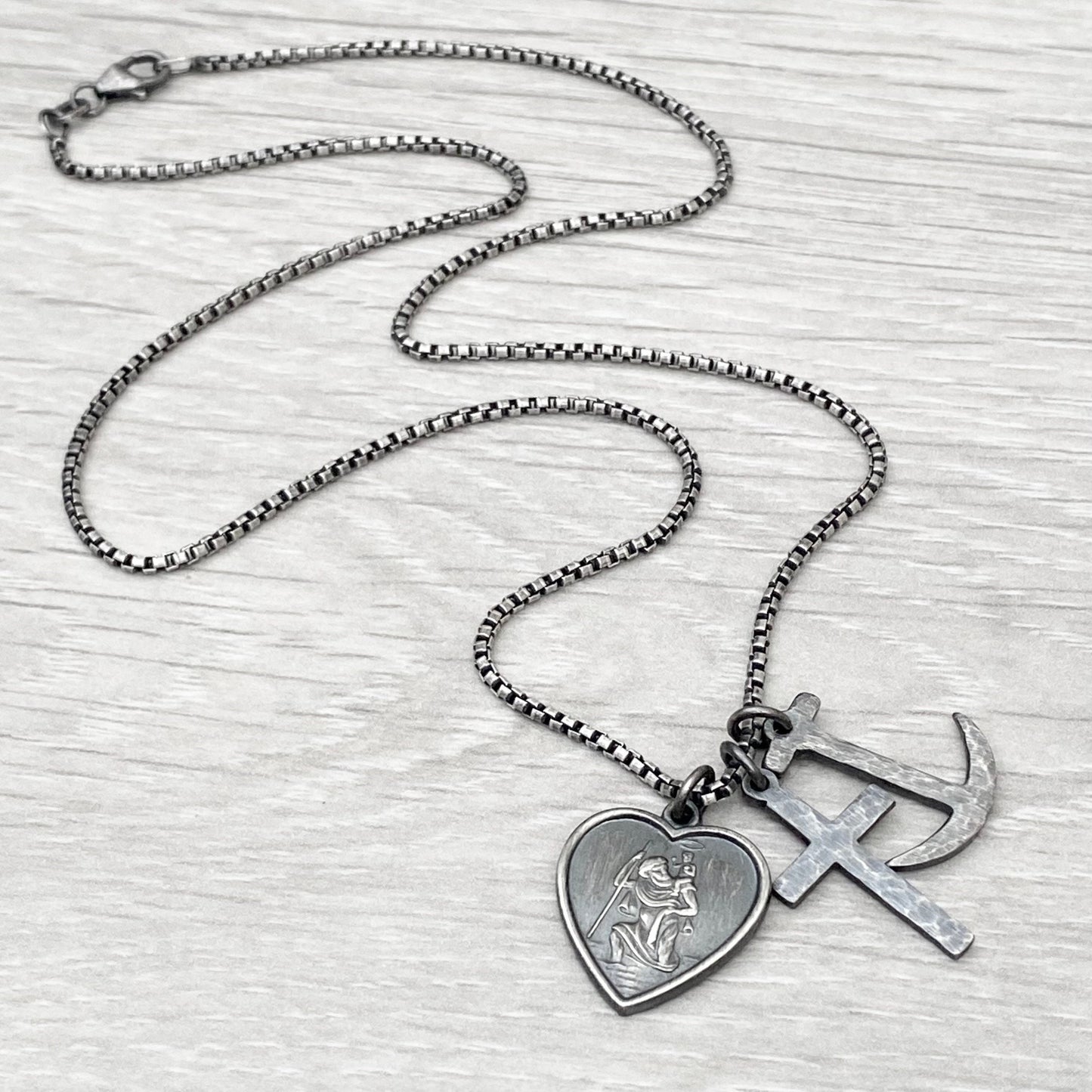Oxidised or polished solid sterling silver faith, love and hope charm pendants on a 1.6mm wide 20 inch round box chain - Mens jewellery