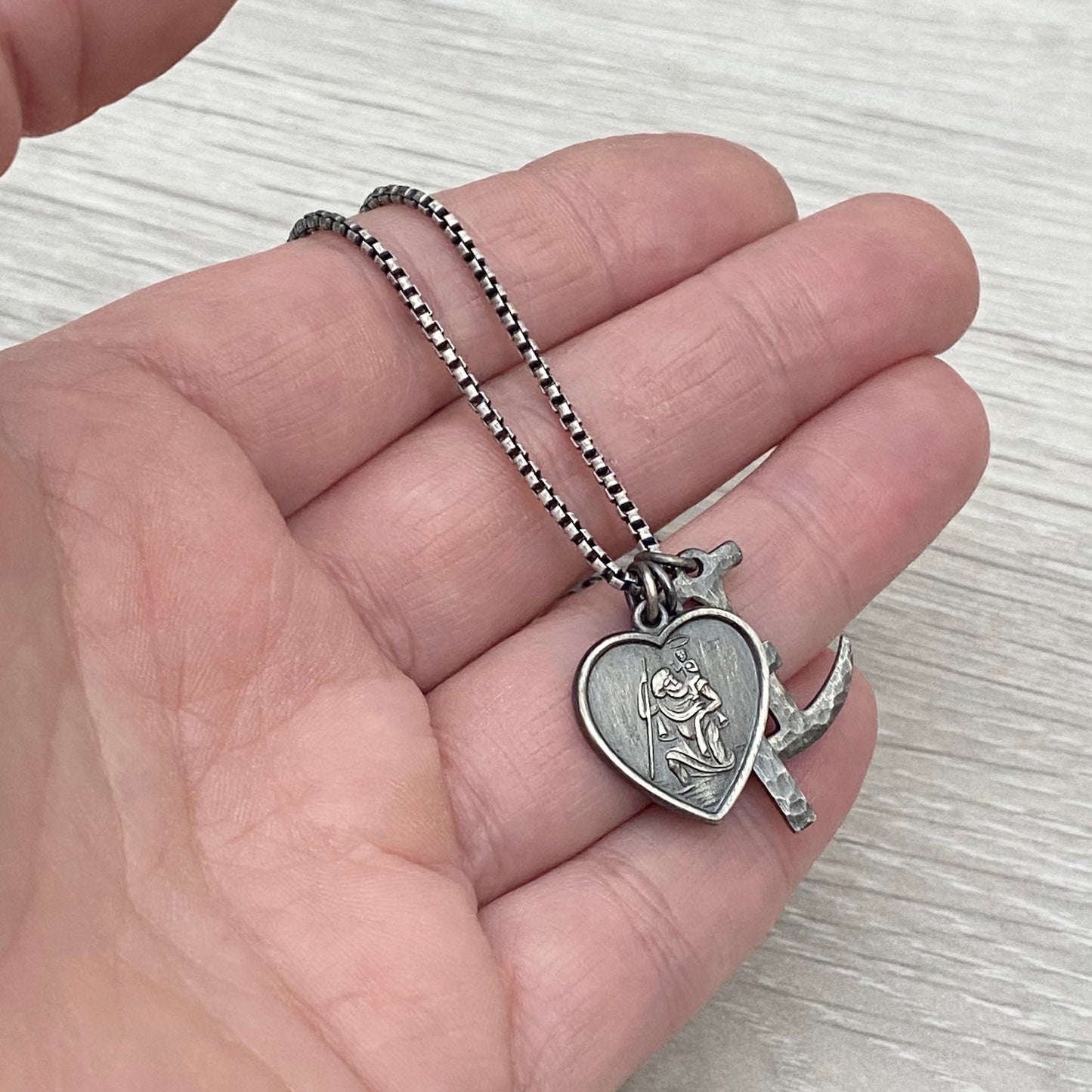 Oxidised or polished solid sterling silver faith, love and hope charm pendants on a 1.6mm wide 20 inch round box chain - Mens jewellery