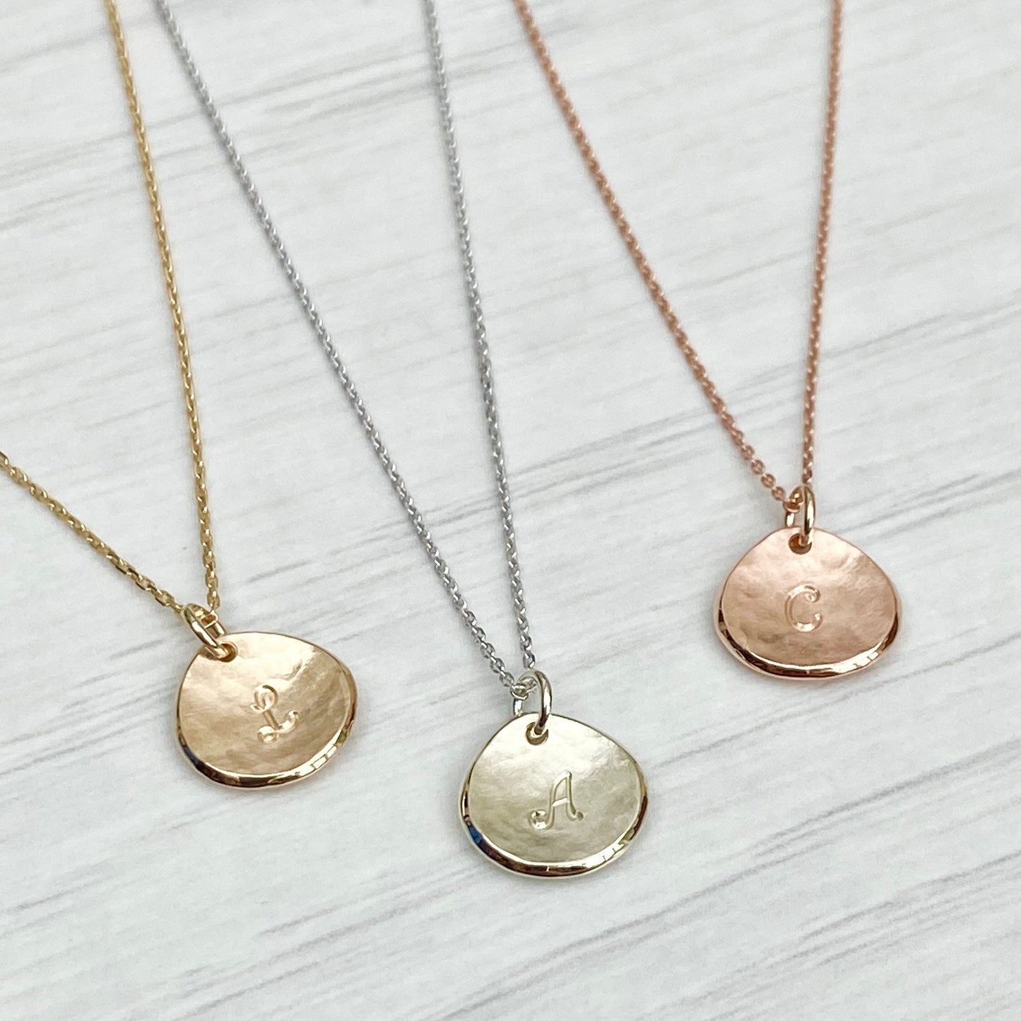 Handmade 9ct solid yellow, rose or white gold 10mm petal charm pendant and chain - Personalised with a letter