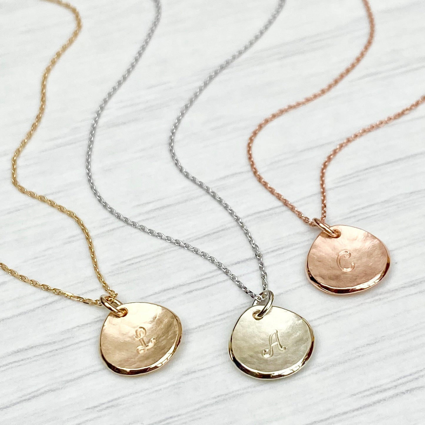 Handmade 9ct solid yellow, rose or white gold 10mm petal charm pendant and chain - Personalised with a letter