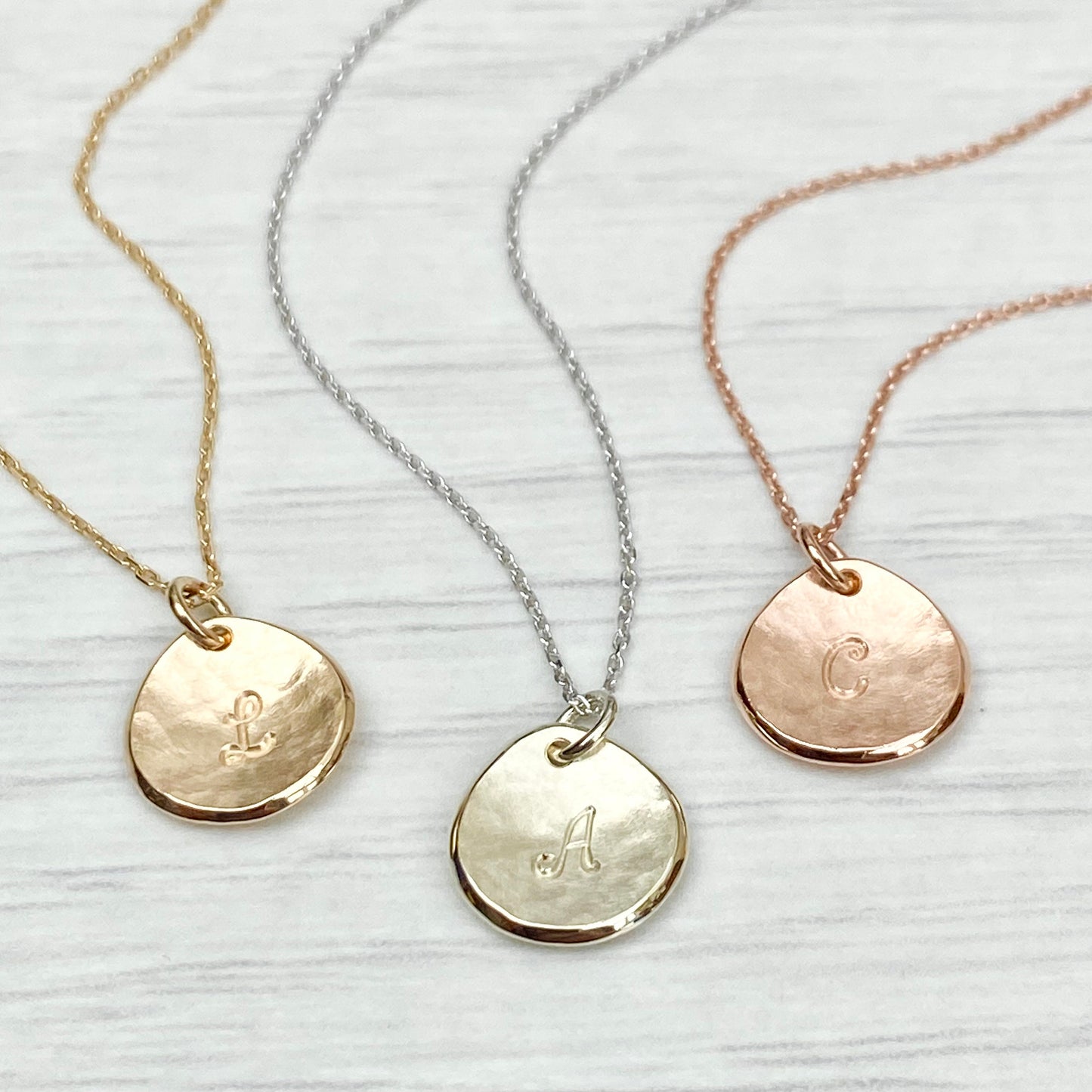 Handmade 9ct solid yellow, rose or white gold 10mm petal charm pendant and chain - Personalised with a letter