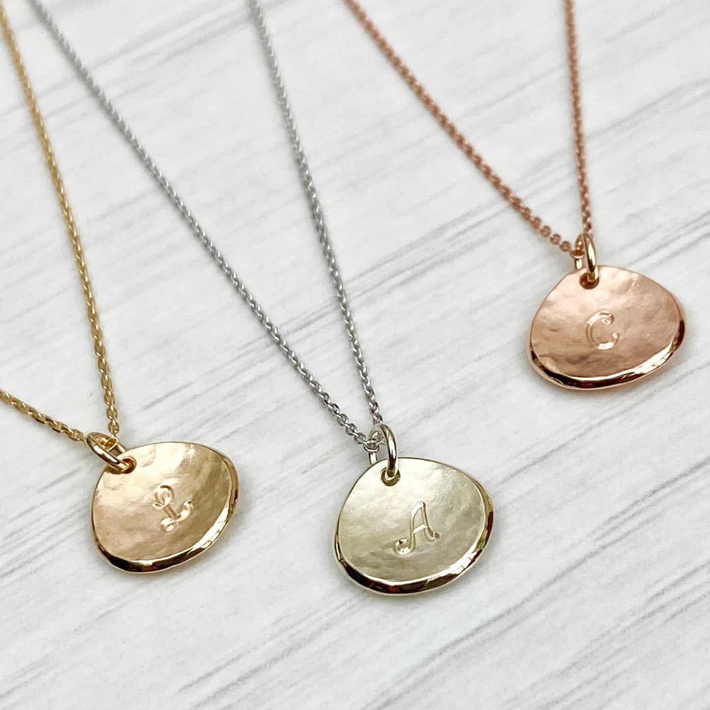 Handmade 9ct solid yellow, rose or white gold 10mm petal charm pendant and chain - Personalised with a letter