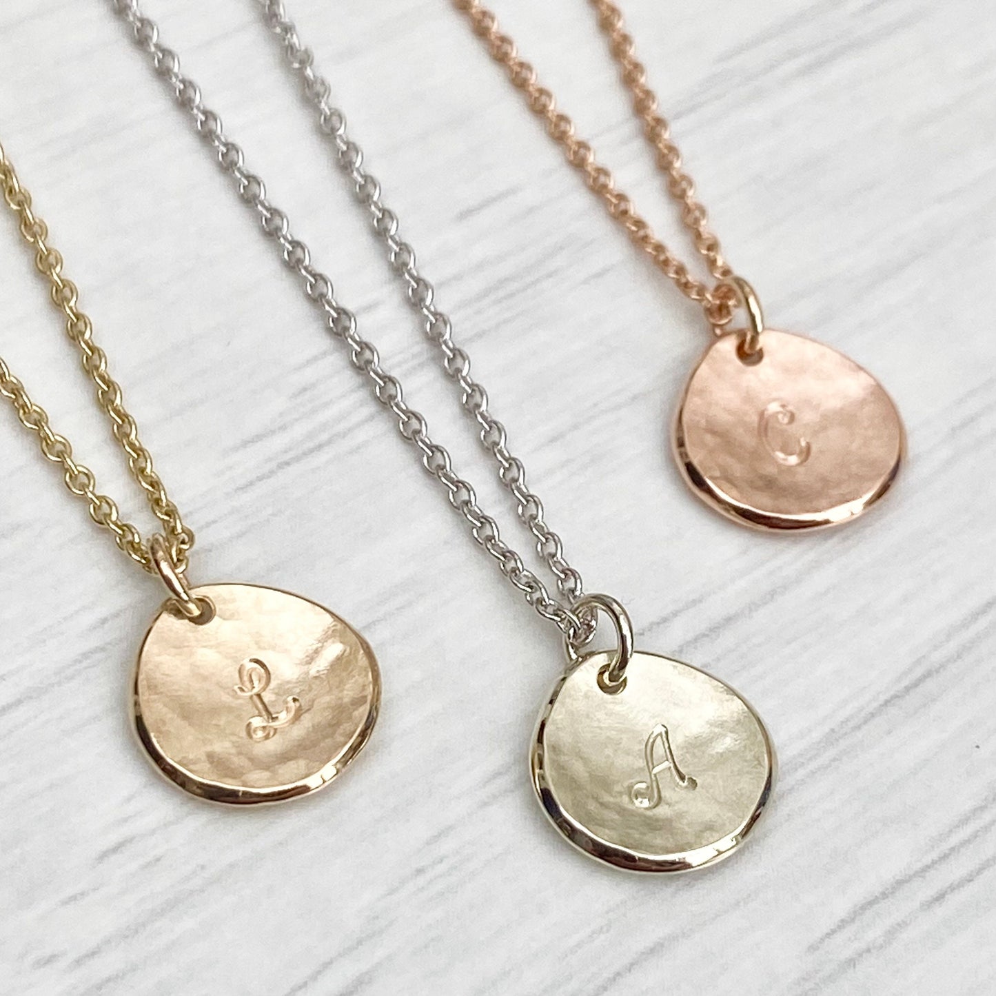 Handmade 9ct solid yellow, rose or white gold 10mm petal charm pendant and chain -Personalised with a script font initial