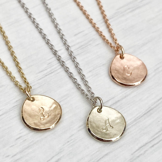 Handmade 9ct solid yellow, rose or white gold 10mm petal charm pendant and chain -Personalised with a script font initial