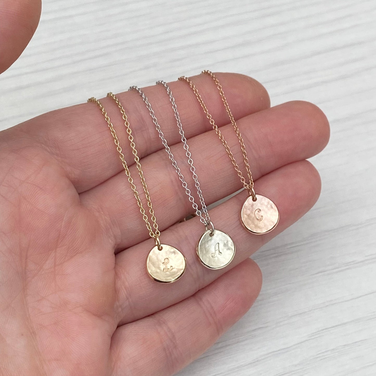 Handmade 9ct solid yellow, rose or white gold 10mm petal charm pendant and chain -Personalised with a script font initial