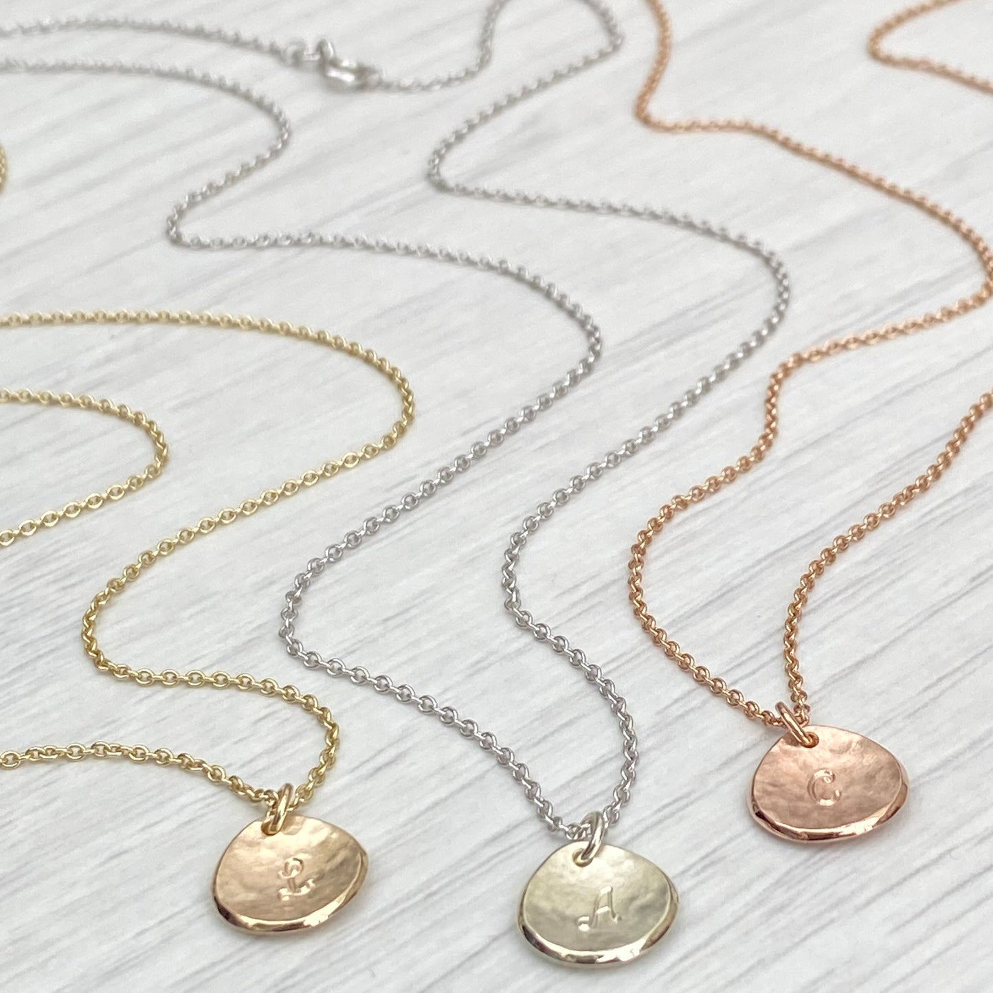 Handmade 9ct solid yellow, rose or white gold 10mm petal charm pendant and chain -Personalised with a script font initial