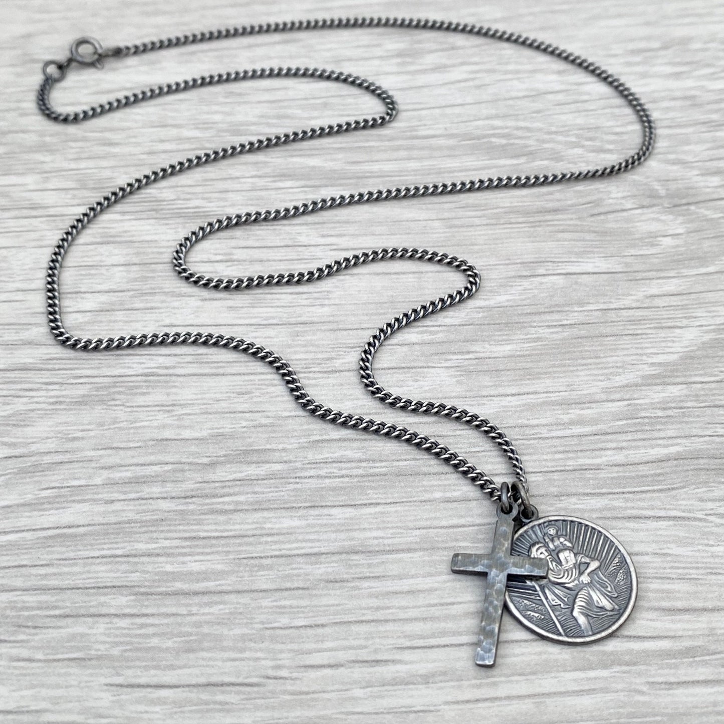 Oxidised or polished solid silver round Saint Christopher and hammered cross pendant and curb chain