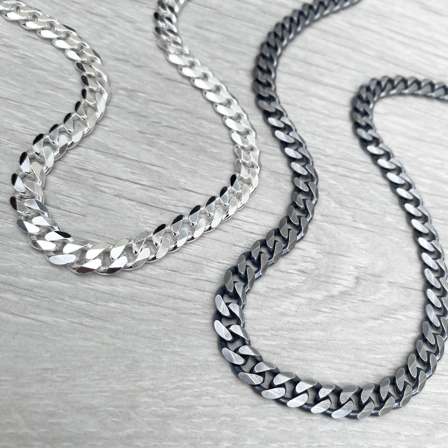 Oxidised or polished solid silver heavy 6.6mm wide curb chain
