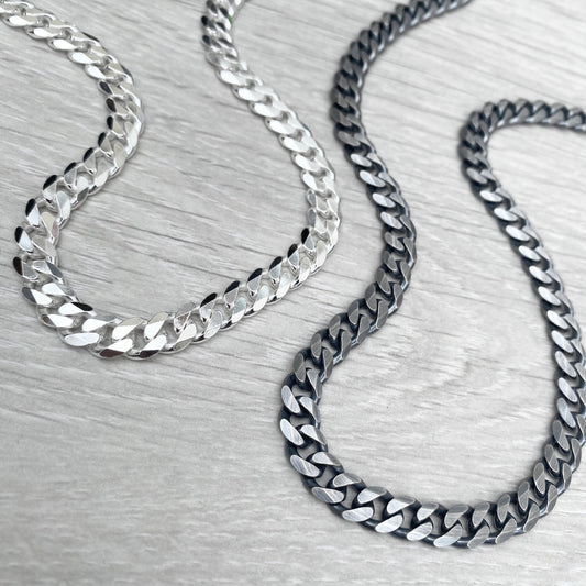Oxidised or polished solid silver heavy 6.6mm wide curb chain