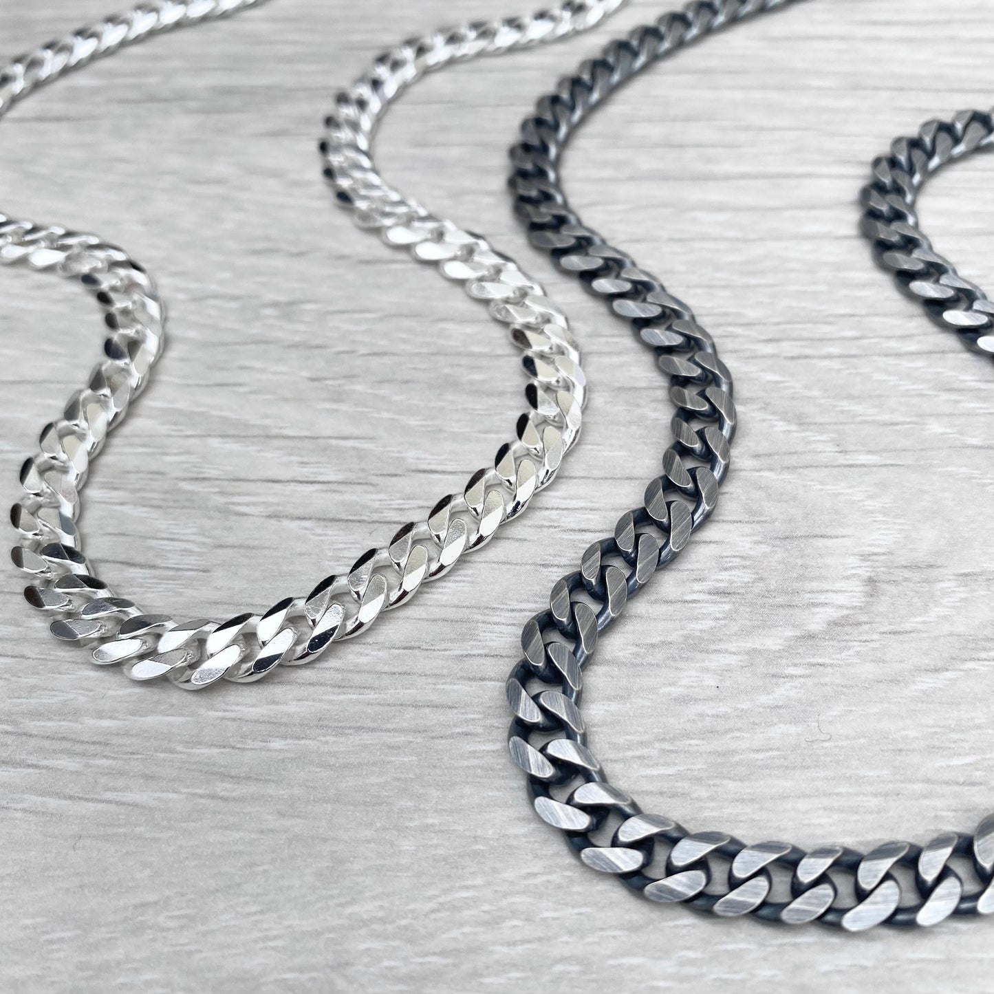 Oxidised or polished solid silver heavy 6.6mm wide curb chain