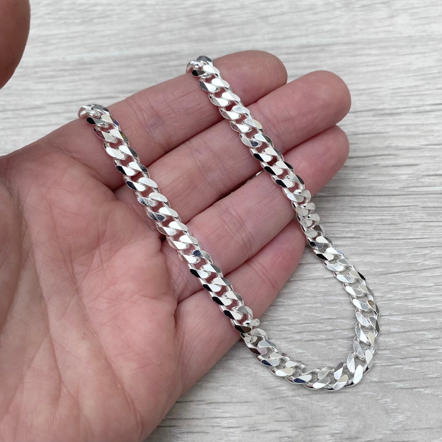 Oxidised or polished solid silver heavy 6.6mm wide curb chain