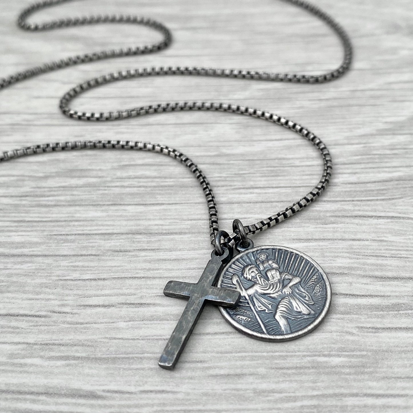 Oxidised or polished solid sterling silver round Saint Christopher and hammered cross pendant on round box belcher chain