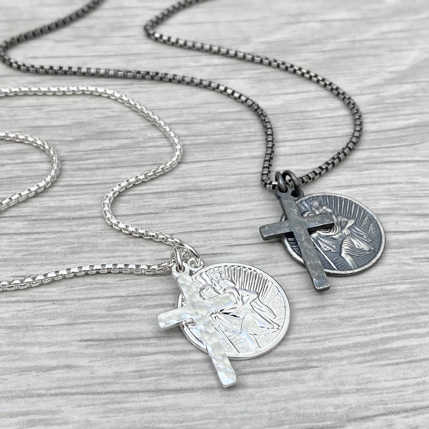 Oxidised or polished solid sterling silver round Saint Christopher and hammered cross pendant on round box belcher chain