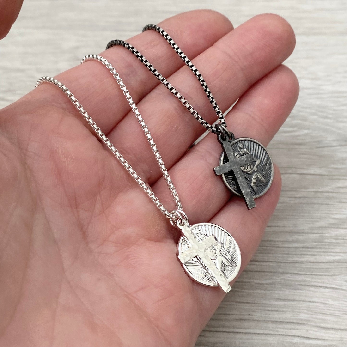Oxidised or polished solid sterling silver round Saint Christopher and hammered cross pendant on round box belcher chain