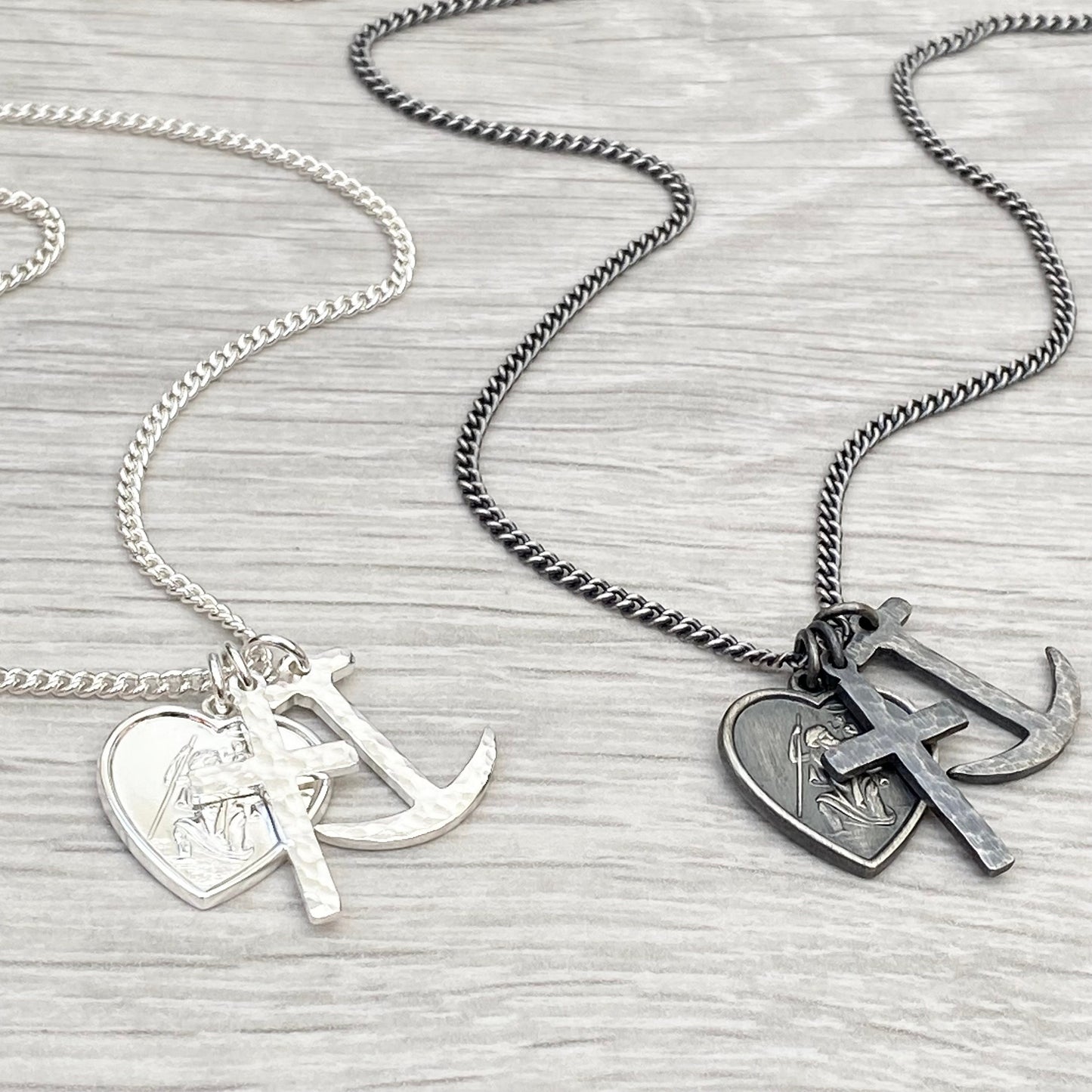 Oxidised or polished solid silver faith, love and hope charm pendants on a 2.1mm wide curb chain