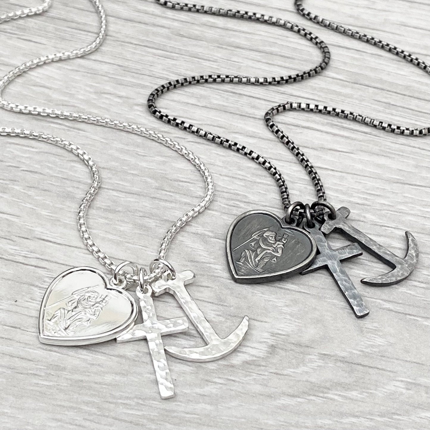 Oxidised or polished solid sterling silver faith, love and hope charm pendants on a 1.6mm wide 20 inch round box chain - Mens jewellery