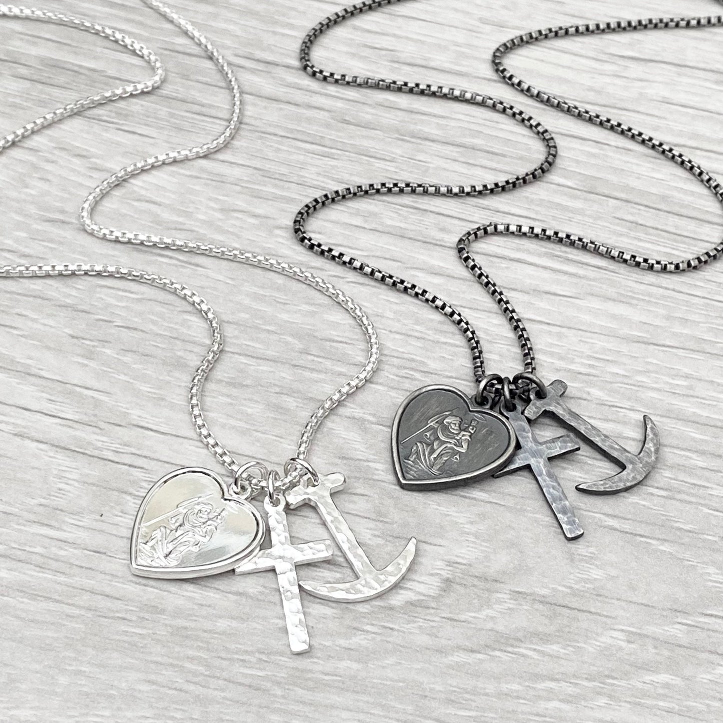Oxidised or polished solid sterling silver faith, love and hope charm pendants on a 1.6mm wide 20 inch round box chain - Mens jewellery