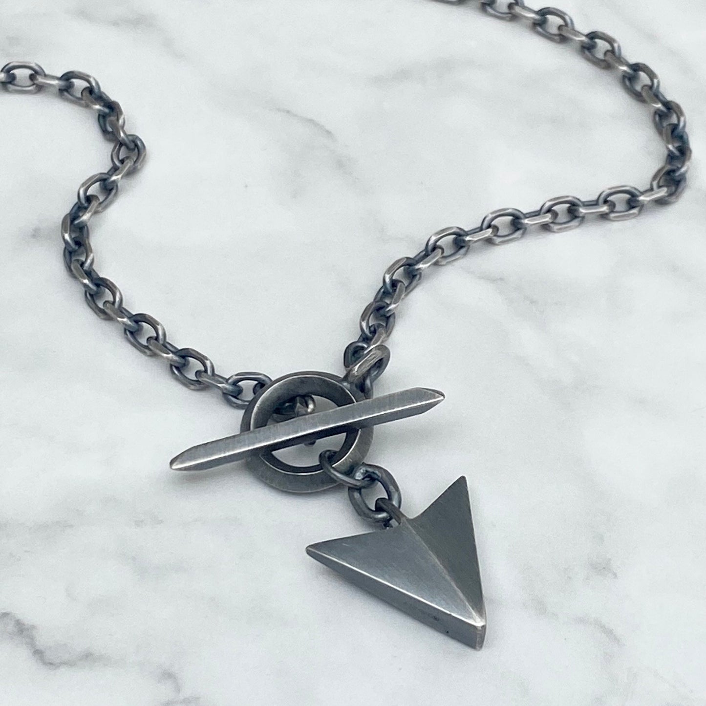 Oxidised or polished solid silver large arrow pendant and 4.2mm wire diamond cut trace chain unique T-bar design