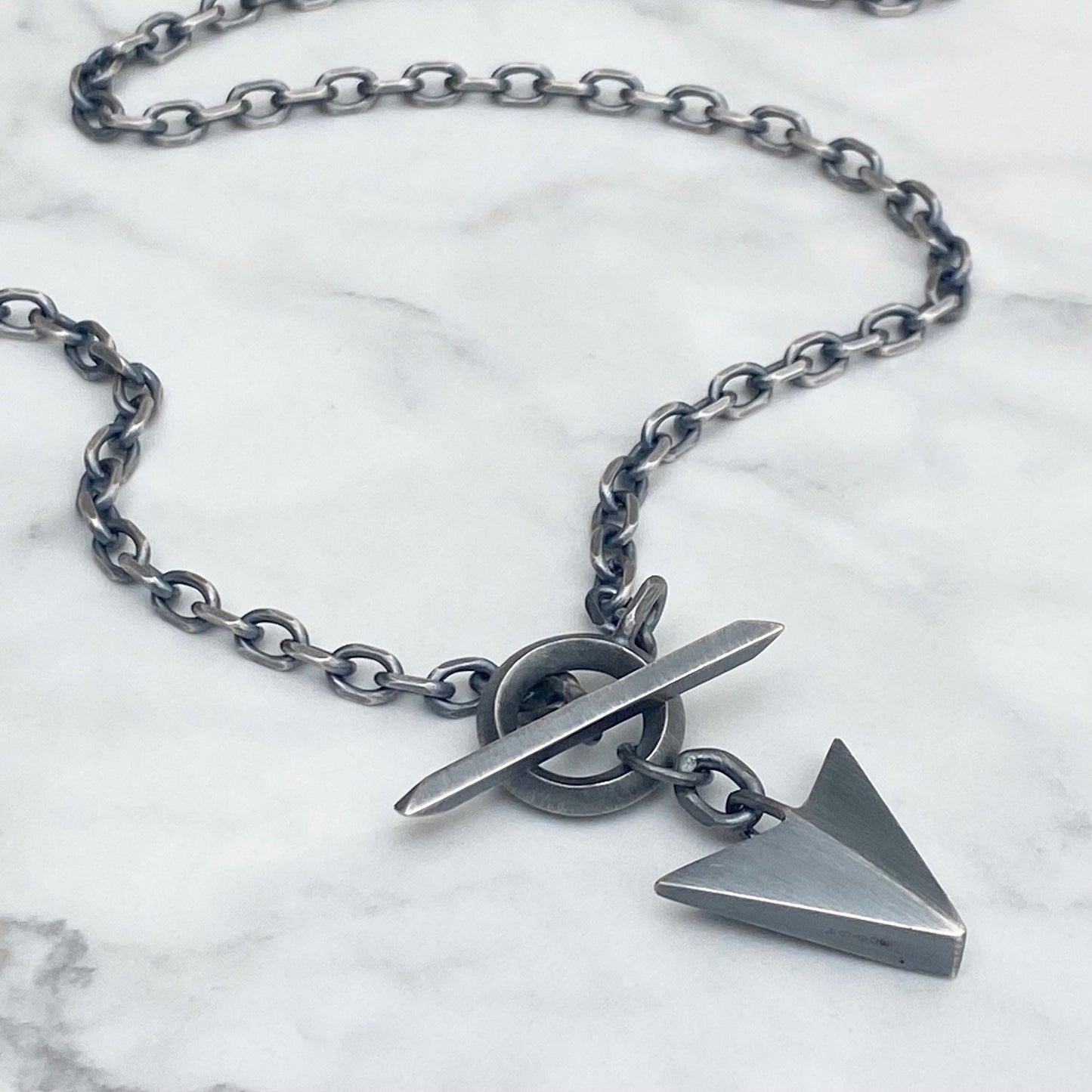 Oxidised or polished solid silver large arrow pendant and 4.2mm wire diamond cut trace chain unique T-bar design