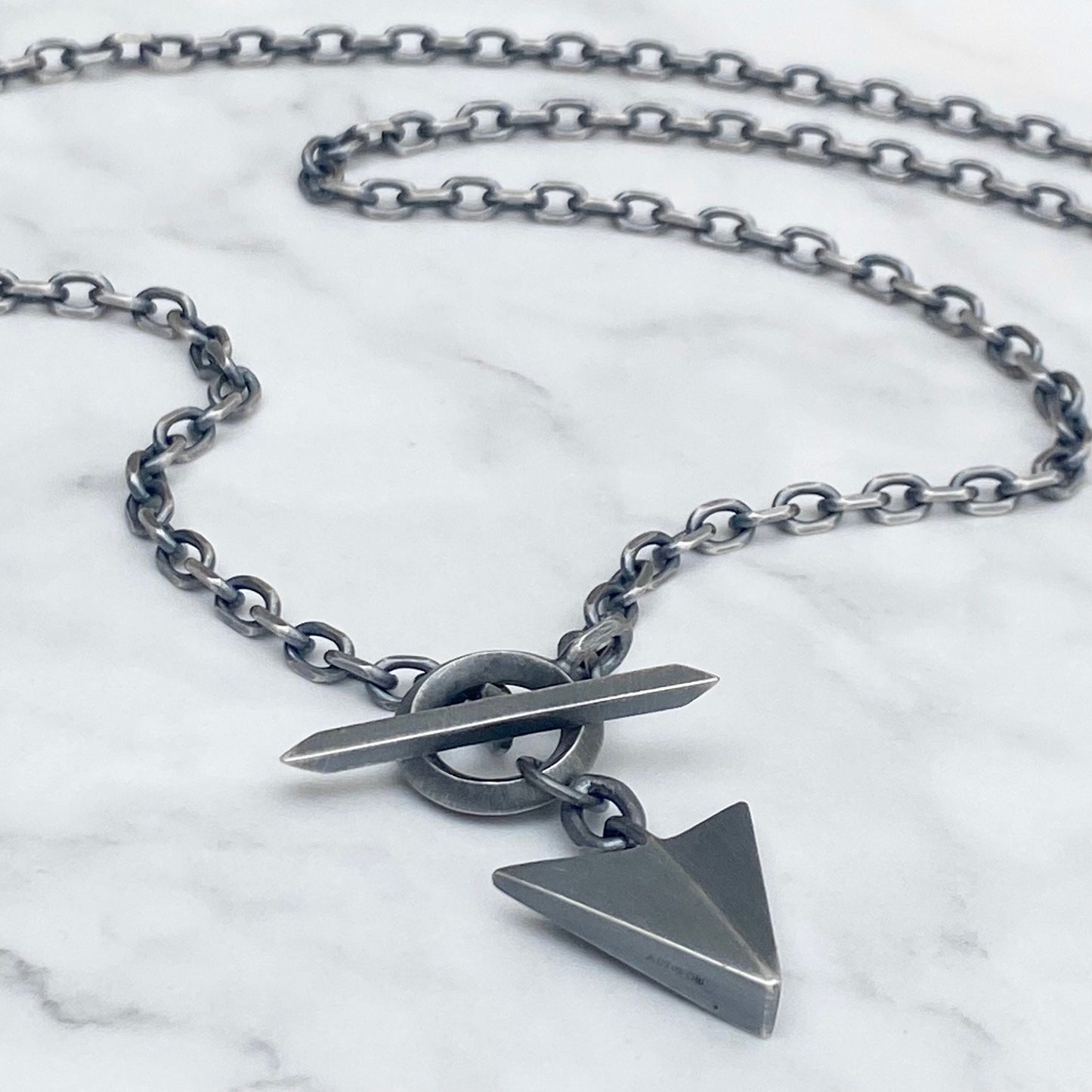 Oxidised or polished solid silver large arrow pendant and 4.2mm wire diamond cut trace chain unique T-bar design