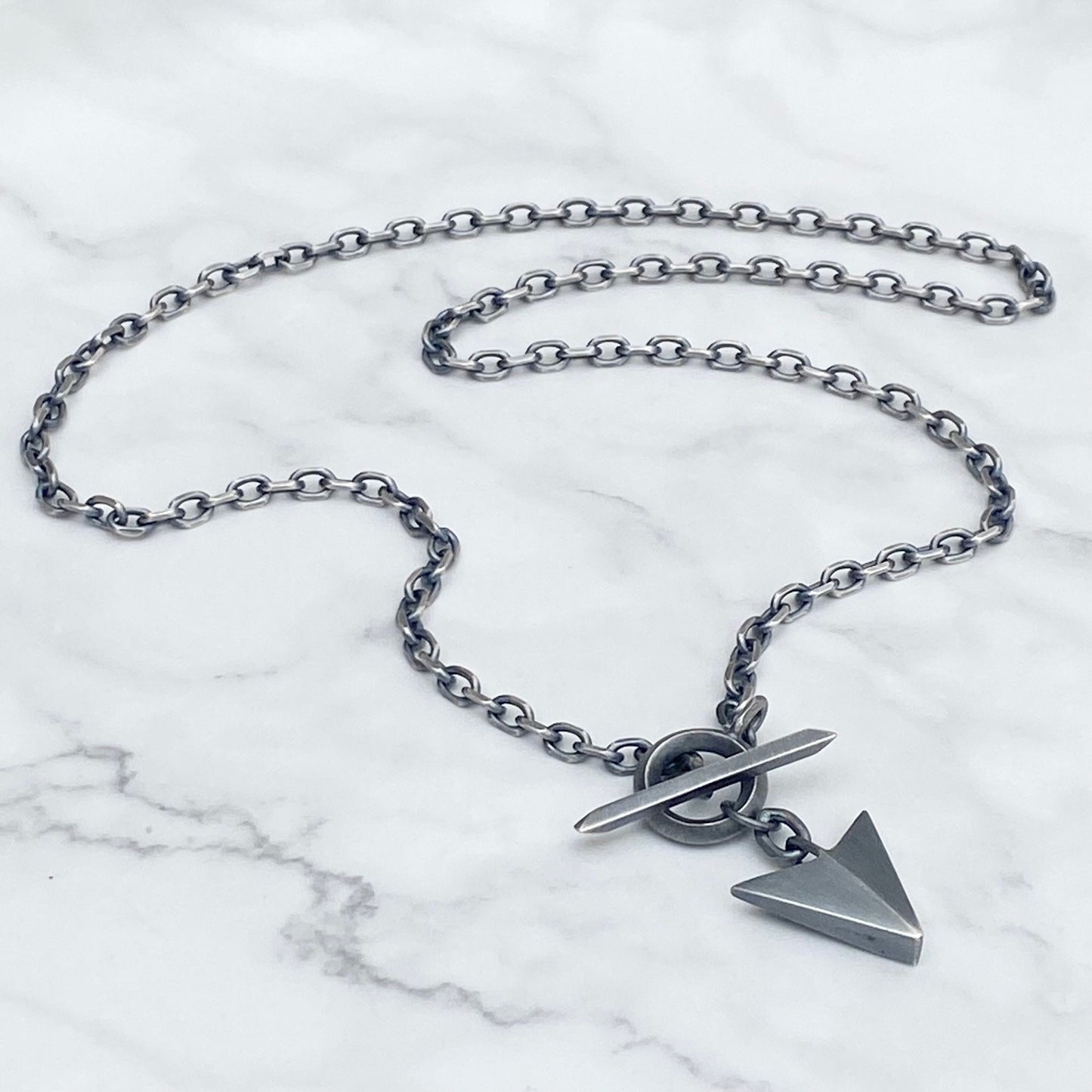 Oxidised or polished solid silver large arrow pendant and 4.2mm wire diamond cut trace chain unique T-bar design